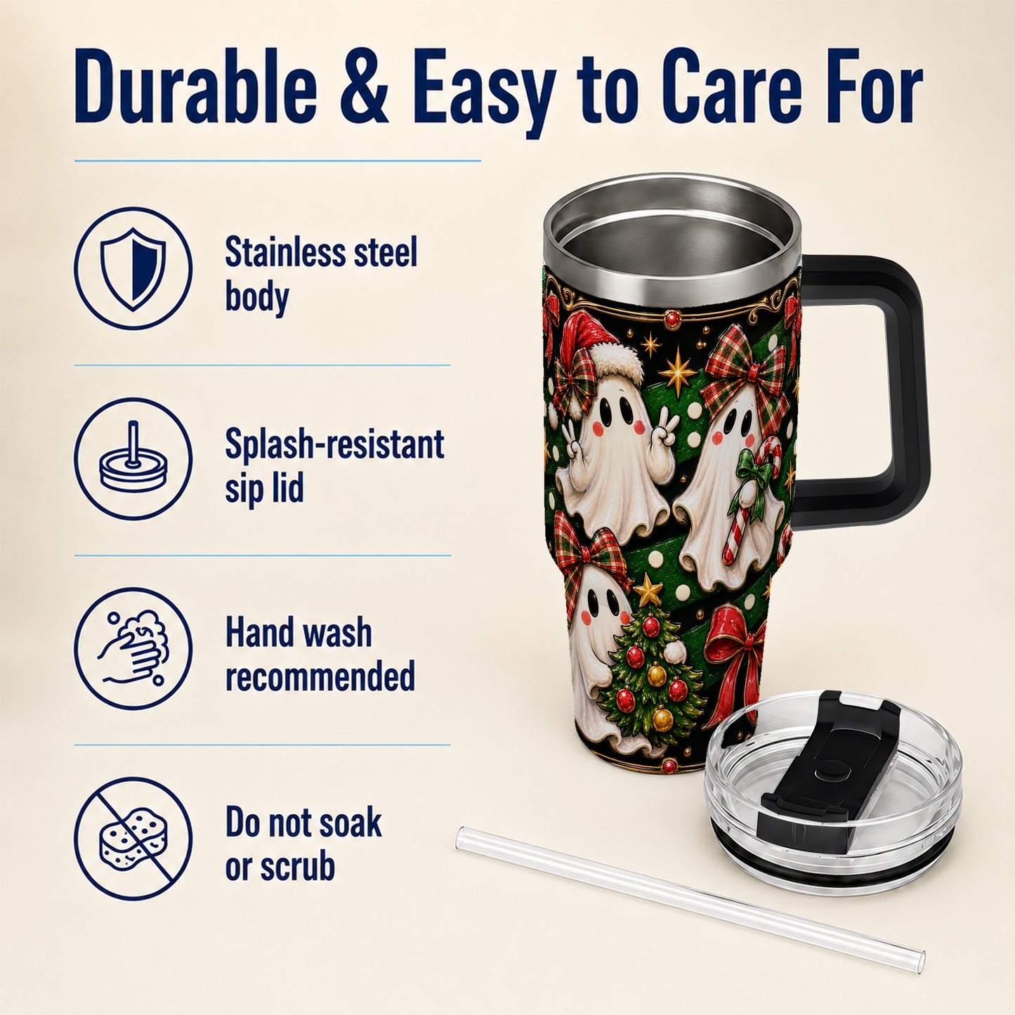 #pl[40oz|Black] Christmas Ghost 40oz Tumbler with Handle, Plaid Holiday Theme