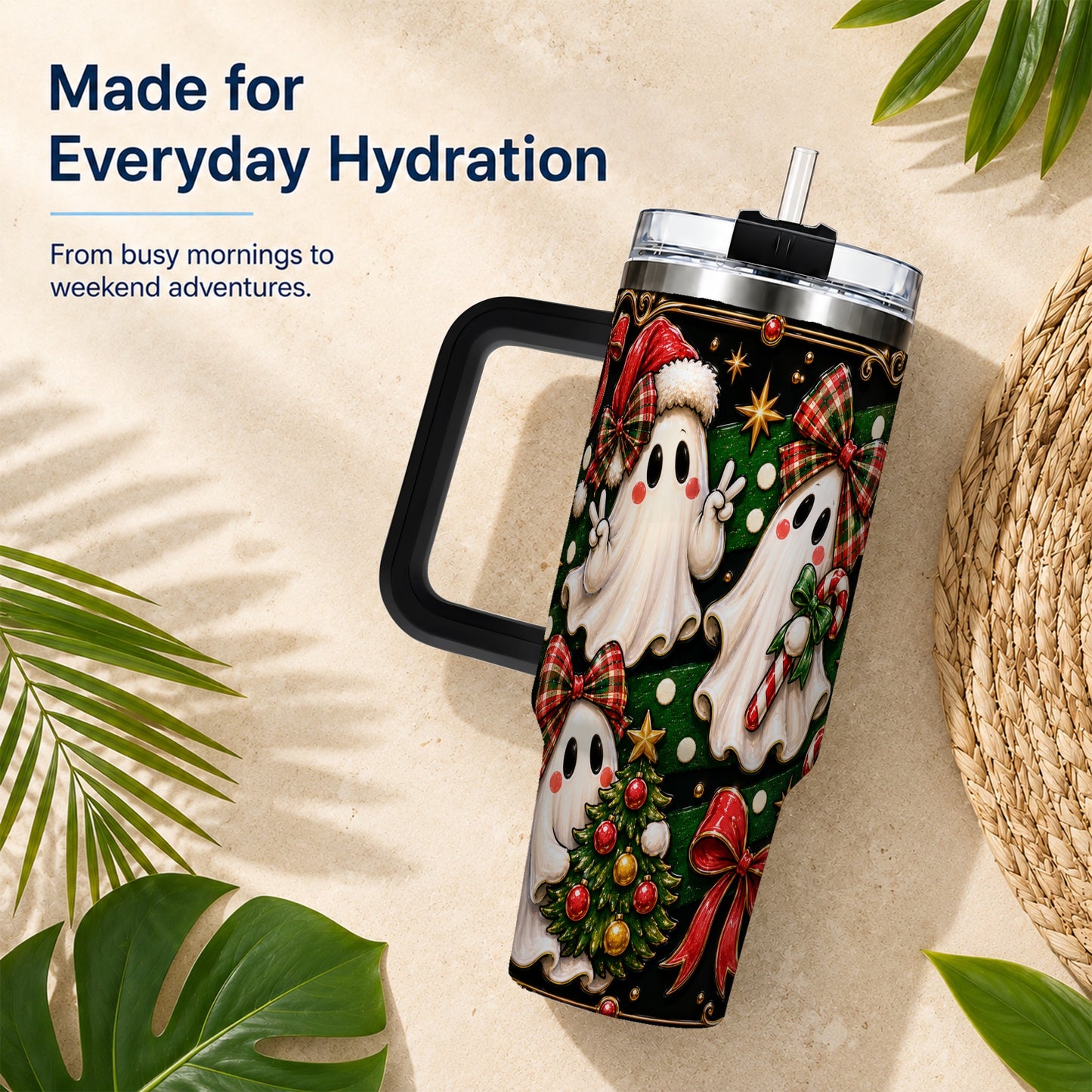 #pl[40oz|Black] Christmas Ghost 40oz Tumbler with Handle, Plaid Holiday Theme