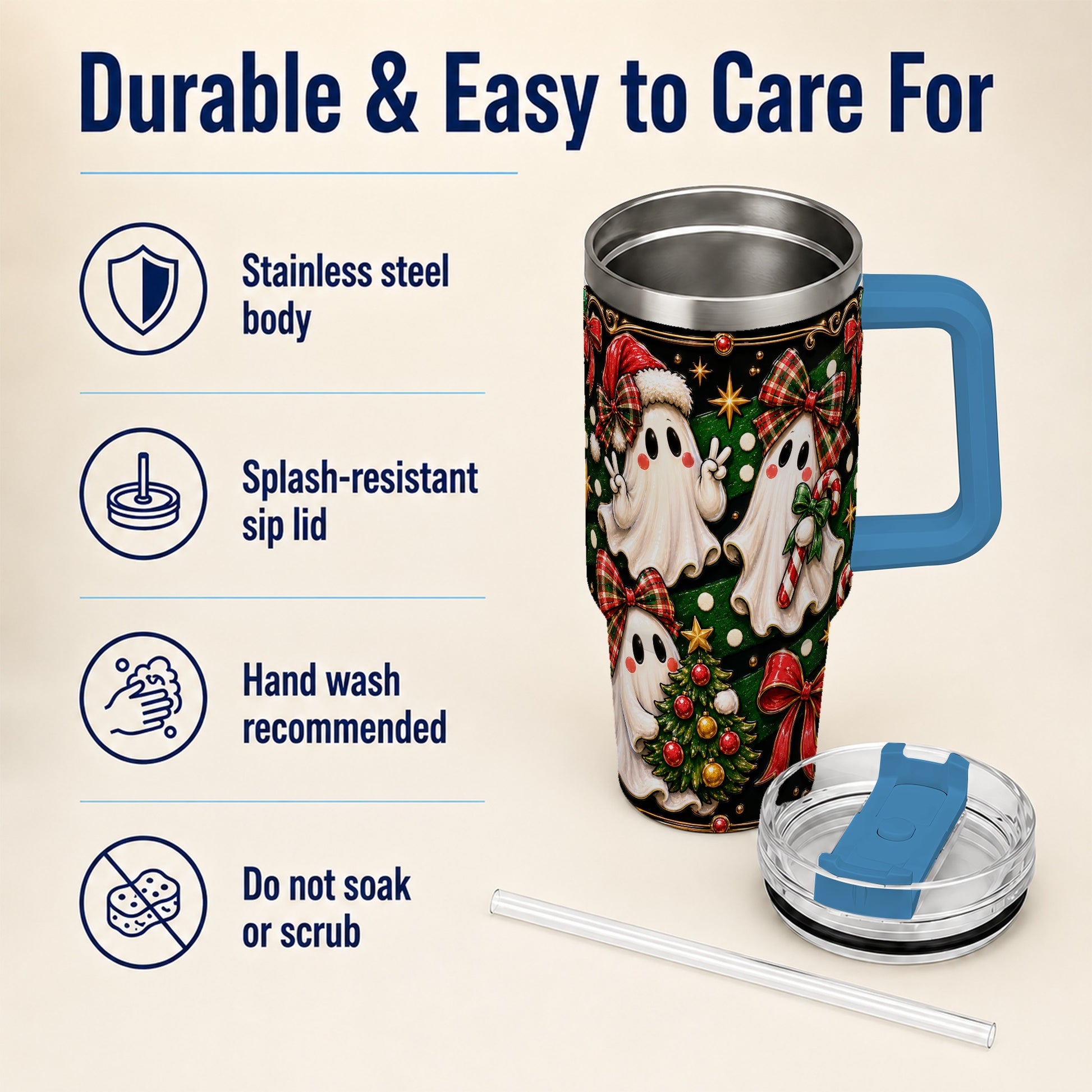 #pl[40oz|Blue] Christmas Ghost 40oz Tumbler with Handle, Plaid Holiday Theme