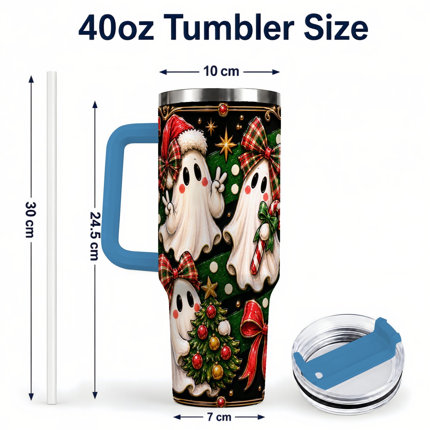 #pl[40oz|Blue] Christmas Ghost 40oz Tumbler with Handle, Plaid Holiday Theme