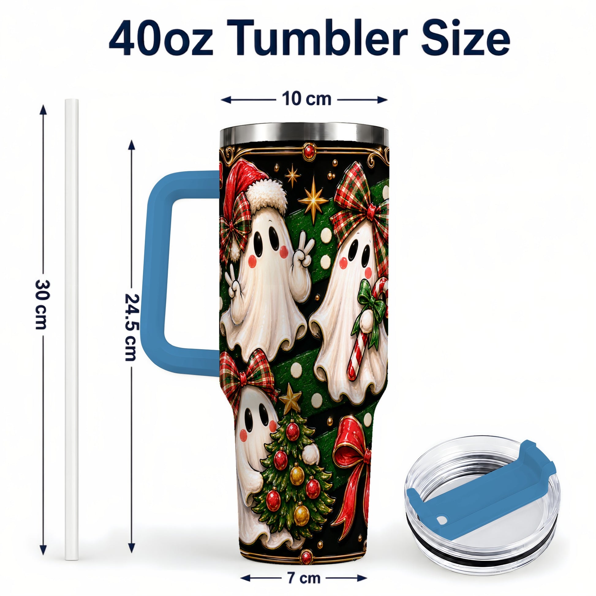 #pl[40oz|Blue] Christmas Ghost 40oz Tumbler with Handle, Plaid Holiday Theme