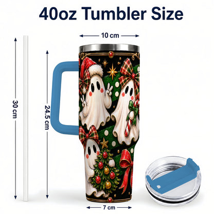 #pl[40oz|Blue] Christmas Ghost 40oz Tumbler with Handle, Plaid Holiday Theme