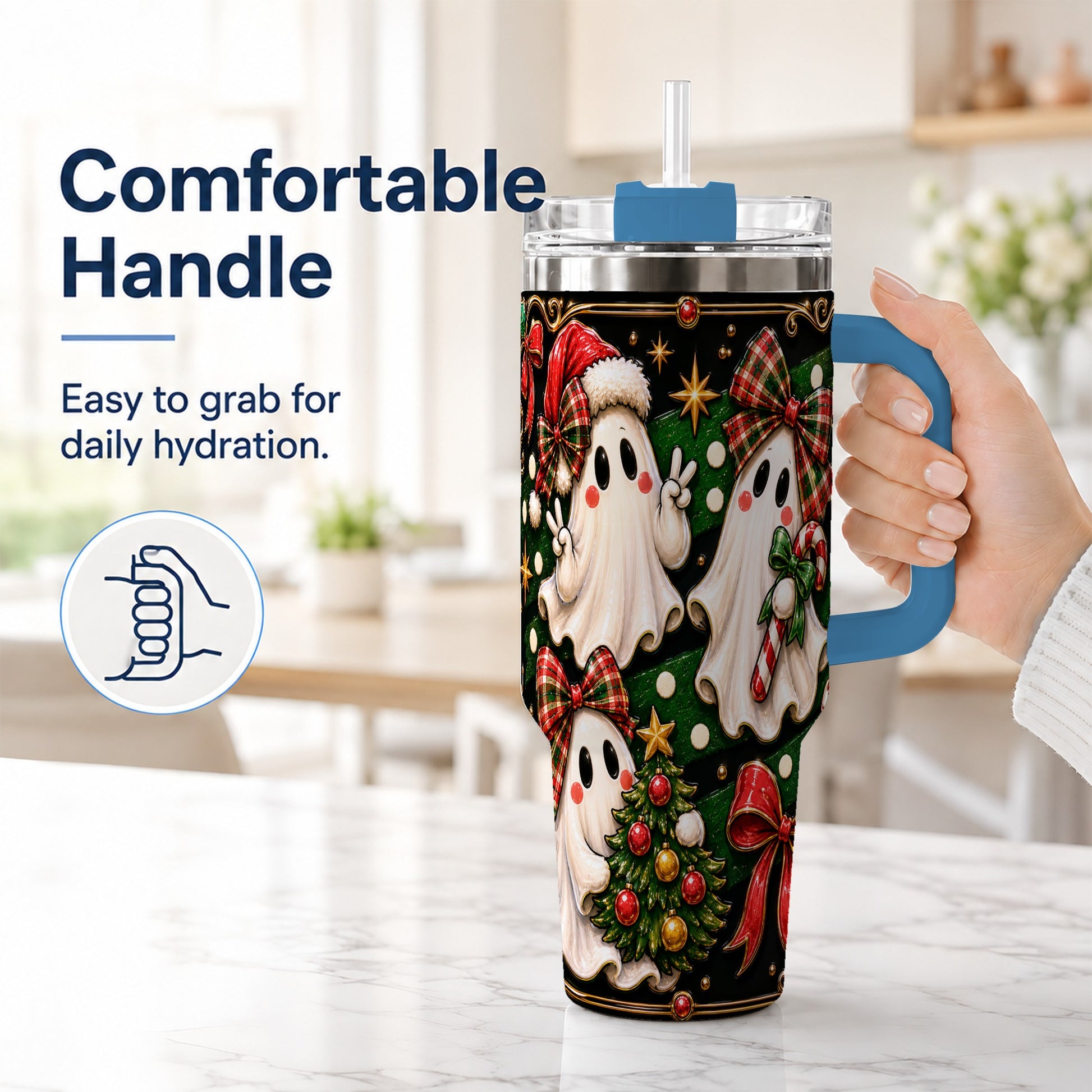 #pl[40oz|Blue] Christmas Ghost 40oz Tumbler with Handle, Plaid Holiday Theme