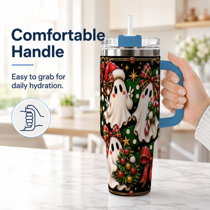 #pl[40oz|Blue] Christmas Ghost 40oz Tumbler with Handle, Plaid Holiday Theme