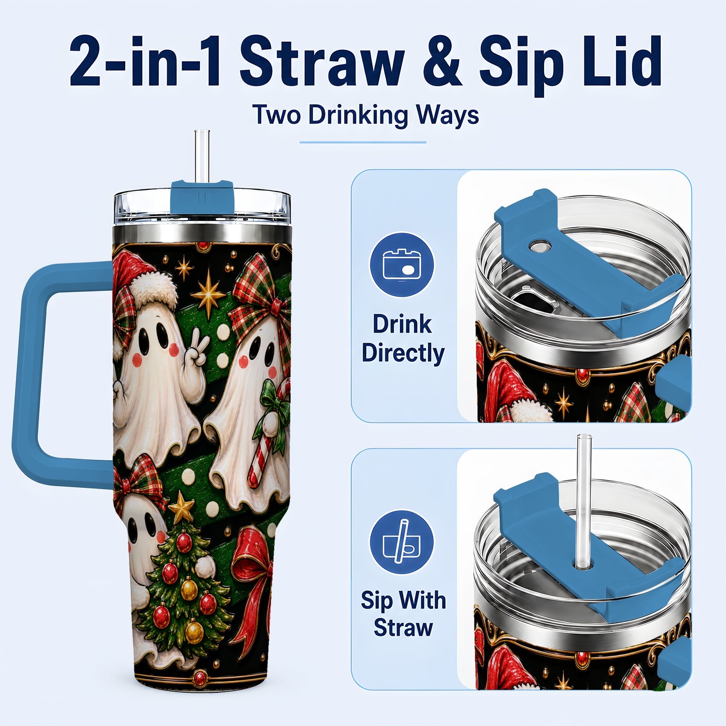#pl[40oz|Blue] Christmas Ghost 40oz Tumbler with Handle, Plaid Holiday Theme
