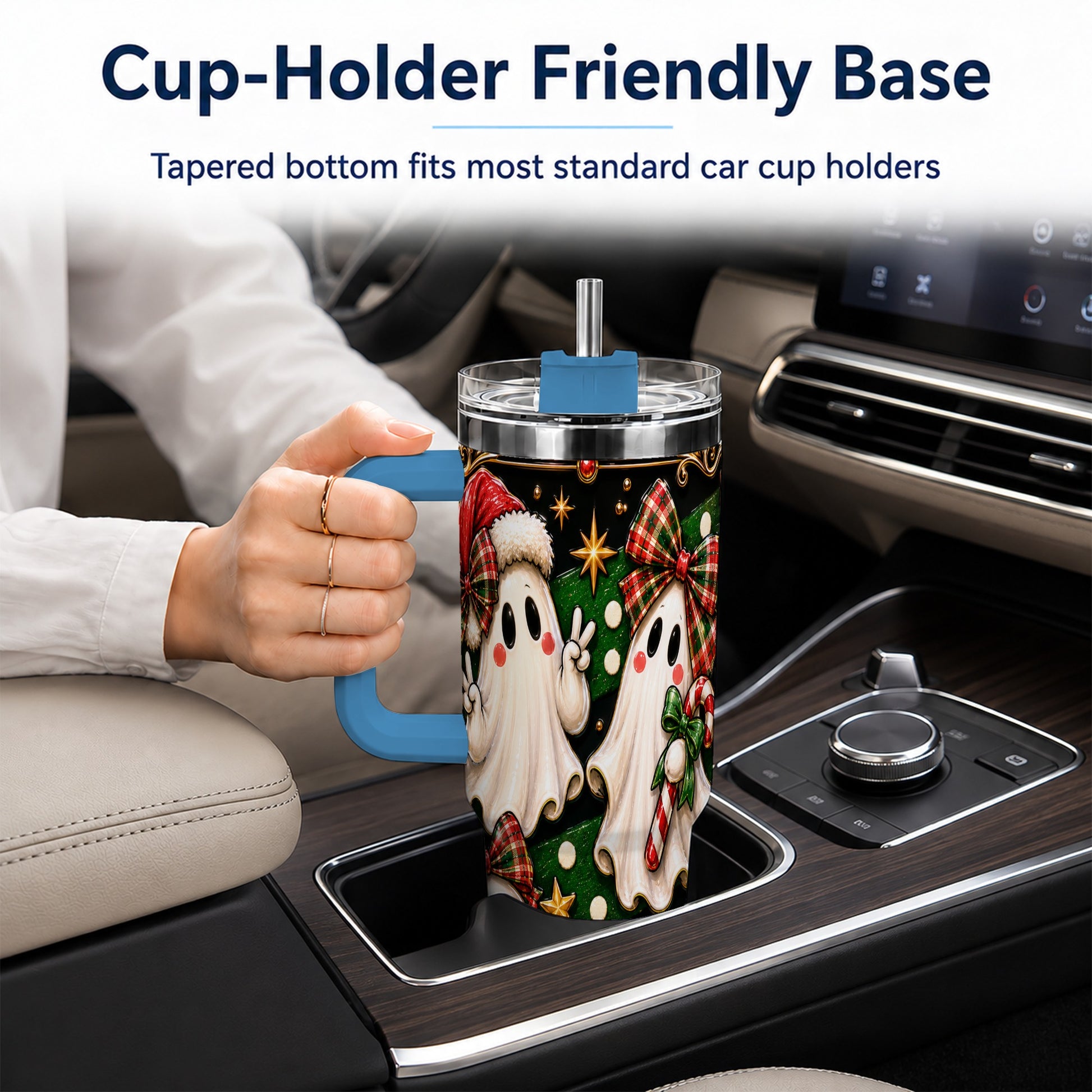 #pl[40oz|Blue] Christmas Ghost 40oz Tumbler with Handle, Plaid Holiday Theme