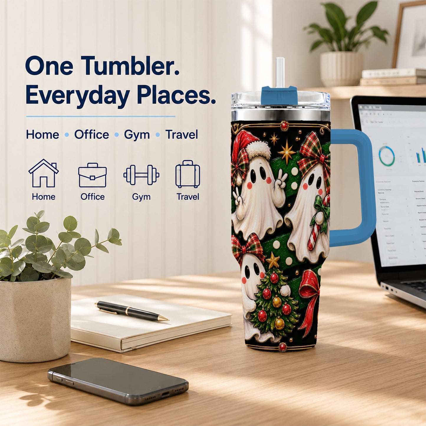 #pl[40oz|Blue] Christmas Ghost 40oz Tumbler with Handle, Plaid Holiday Theme