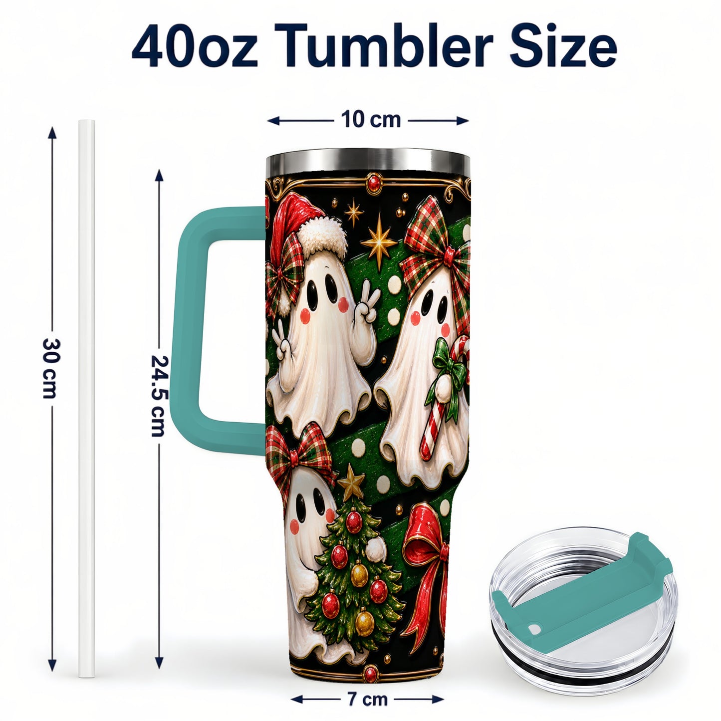 #pl[40oz|Green] Christmas Ghost 40oz Tumbler with Handle, Plaid Holiday Theme