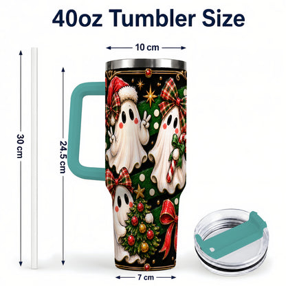 #pl[40oz|Green] Christmas Ghost 40oz Tumbler with Handle, Plaid Holiday Theme