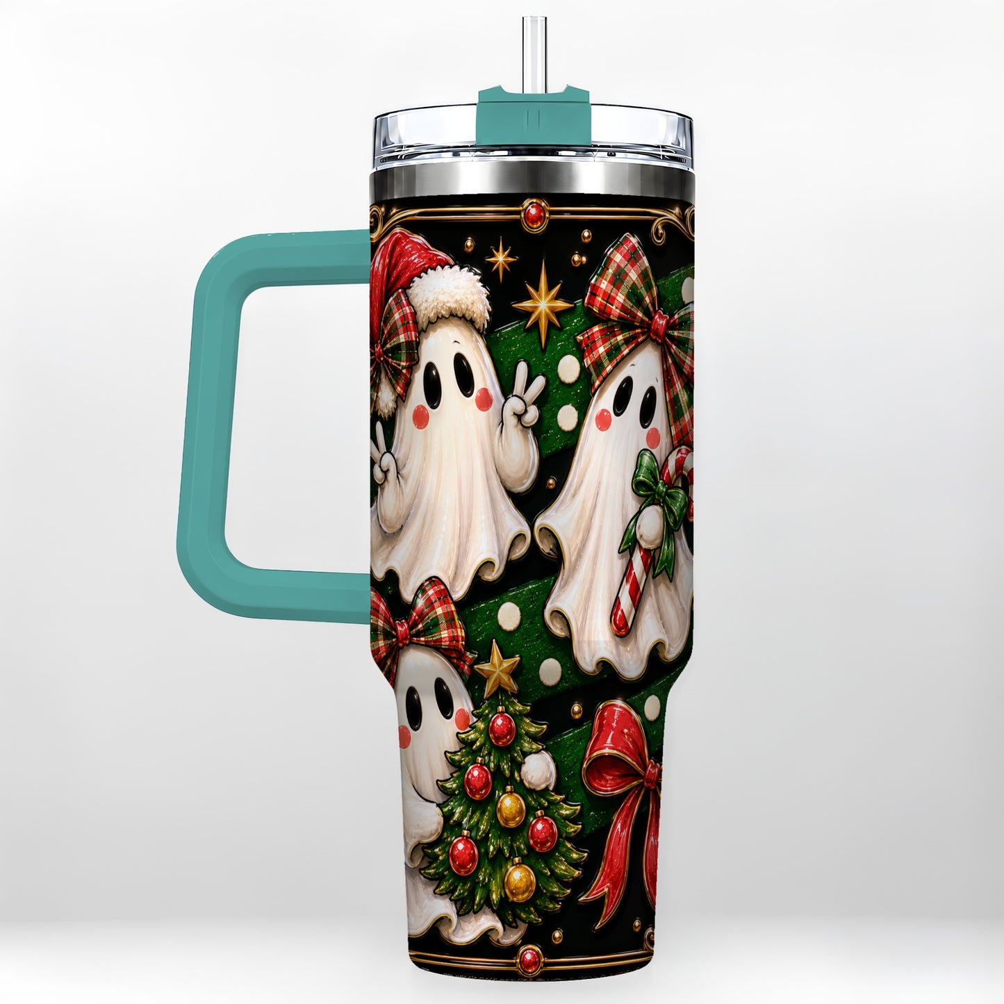 #pl[40oz|Green] Christmas Ghost 40oz Tumbler with Handle, Plaid Holiday Theme