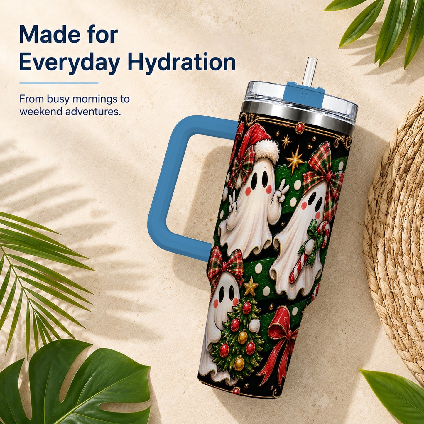 #pl[40oz|Blue] Christmas Ghost 40oz Tumbler with Handle, Plaid Holiday Theme