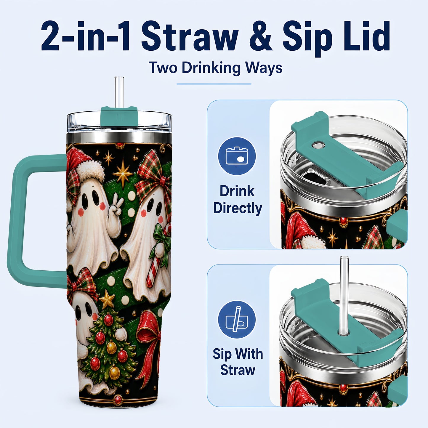 #pl[40oz|Green] Christmas Ghost 40oz Tumbler with Handle, Plaid Holiday Theme
