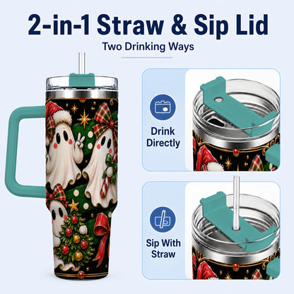#pl[40oz|Green] Christmas Ghost 40oz Tumbler with Handle, Plaid Holiday Theme