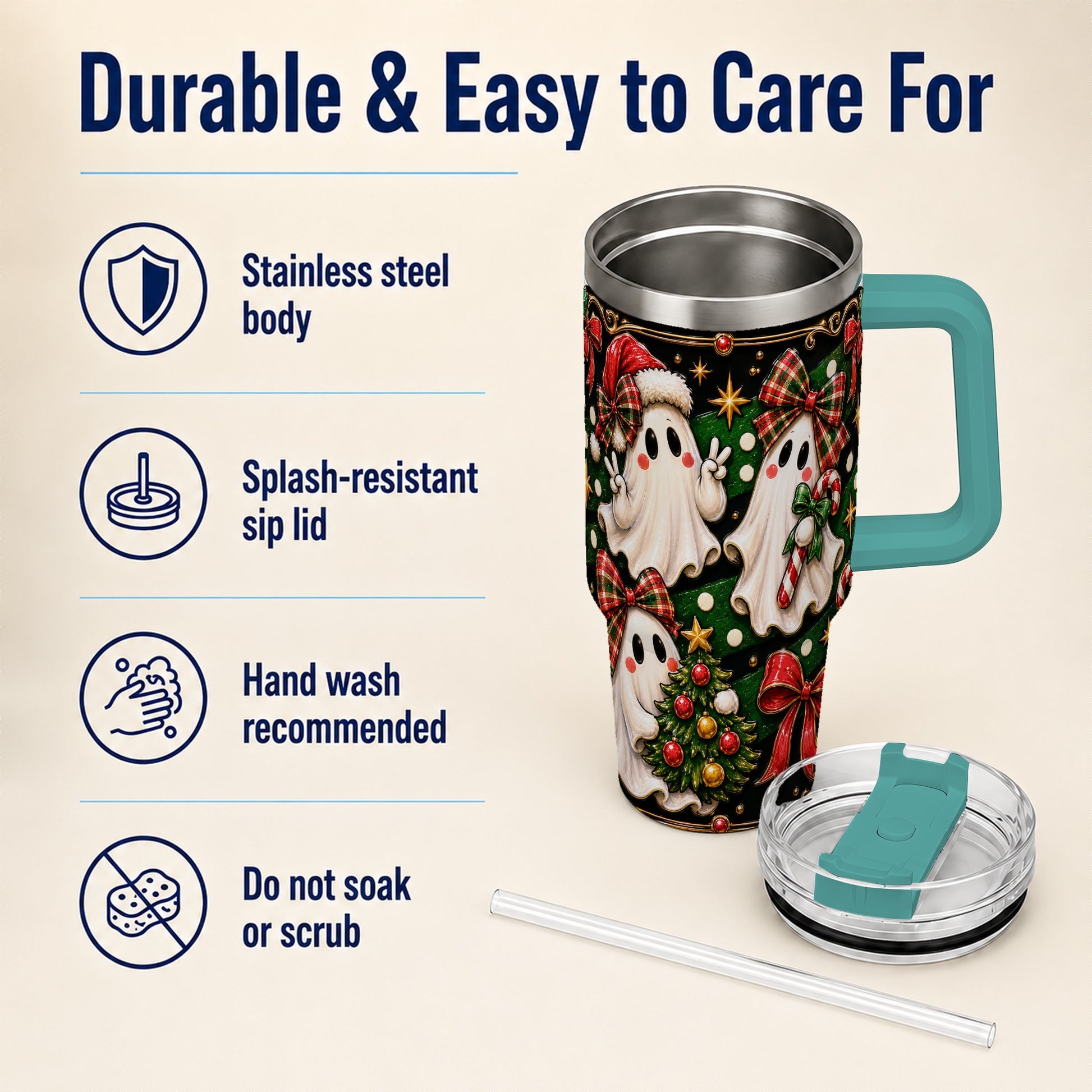 #pl[40oz|Green] Christmas Ghost 40oz Tumbler with Handle, Plaid Holiday Theme