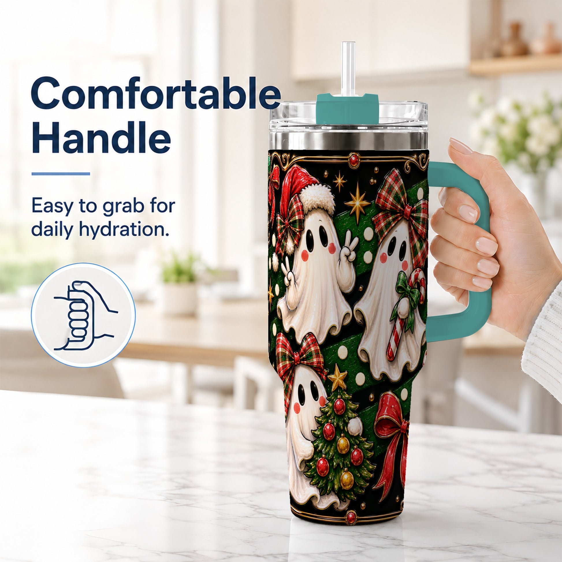 #pl[40oz|Green] Christmas Ghost 40oz Tumbler with Handle, Plaid Holiday Theme