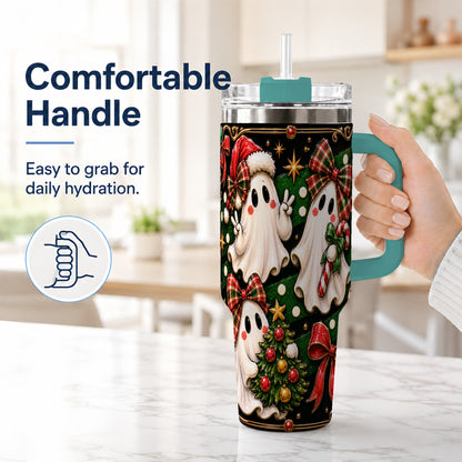 #pl[40oz|Green] Christmas Ghost 40oz Tumbler with Handle, Plaid Holiday Theme