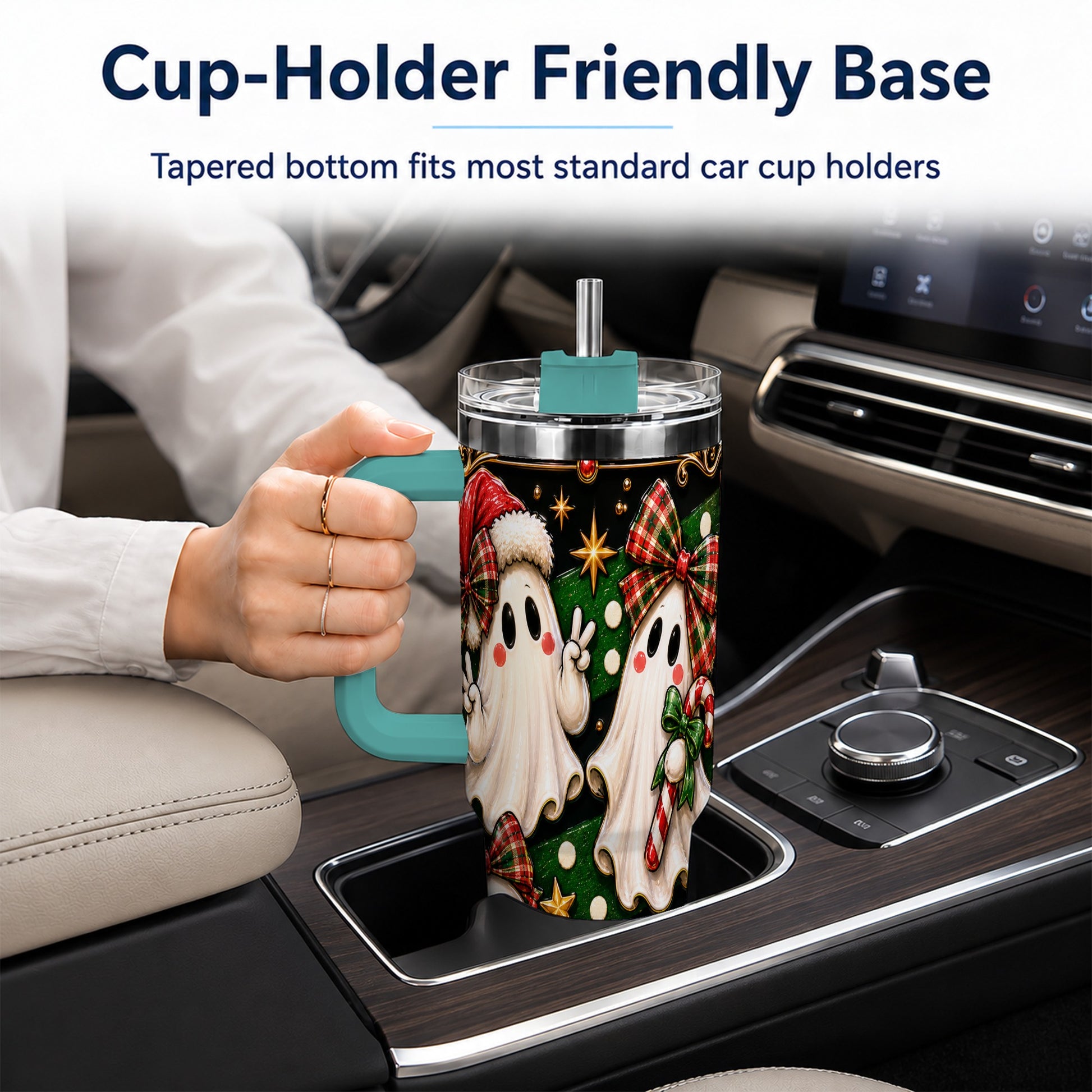 #pl[40oz|Green] Christmas Ghost 40oz Tumbler with Handle, Plaid Holiday Theme