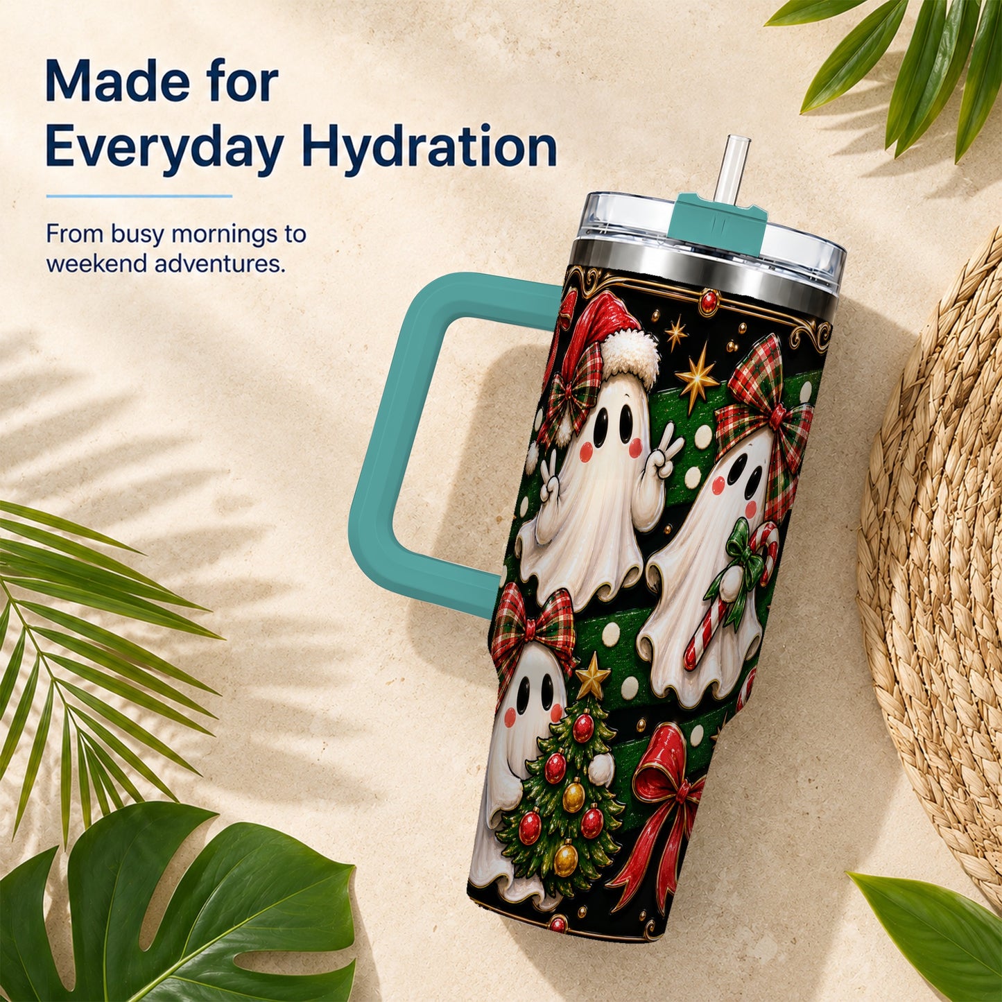 #pl[40oz|Green] Christmas Ghost 40oz Tumbler with Handle, Plaid Holiday Theme