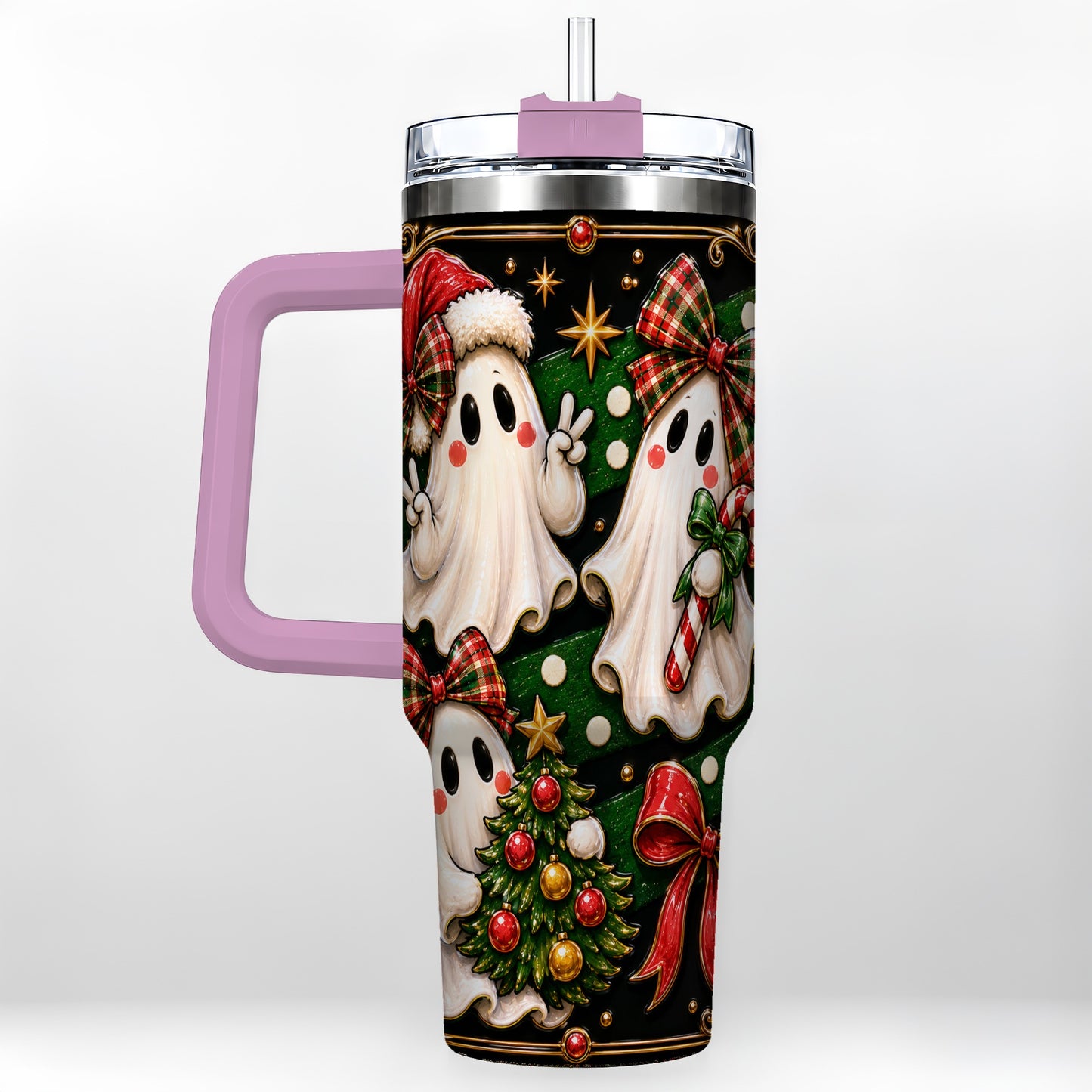 #pl[40oz|Pink] Christmas Ghost 40oz Tumbler with Handle, Plaid Holiday Theme