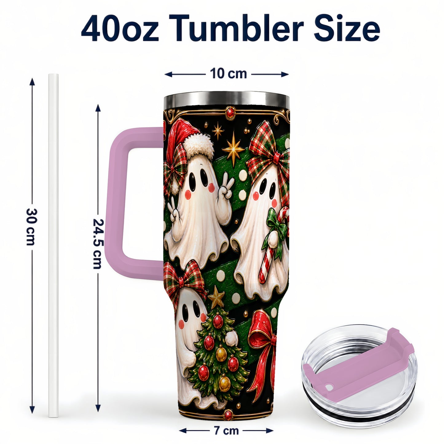 #pl[40oz|Pink] Christmas Ghost 40oz Tumbler with Handle, Plaid Holiday Theme