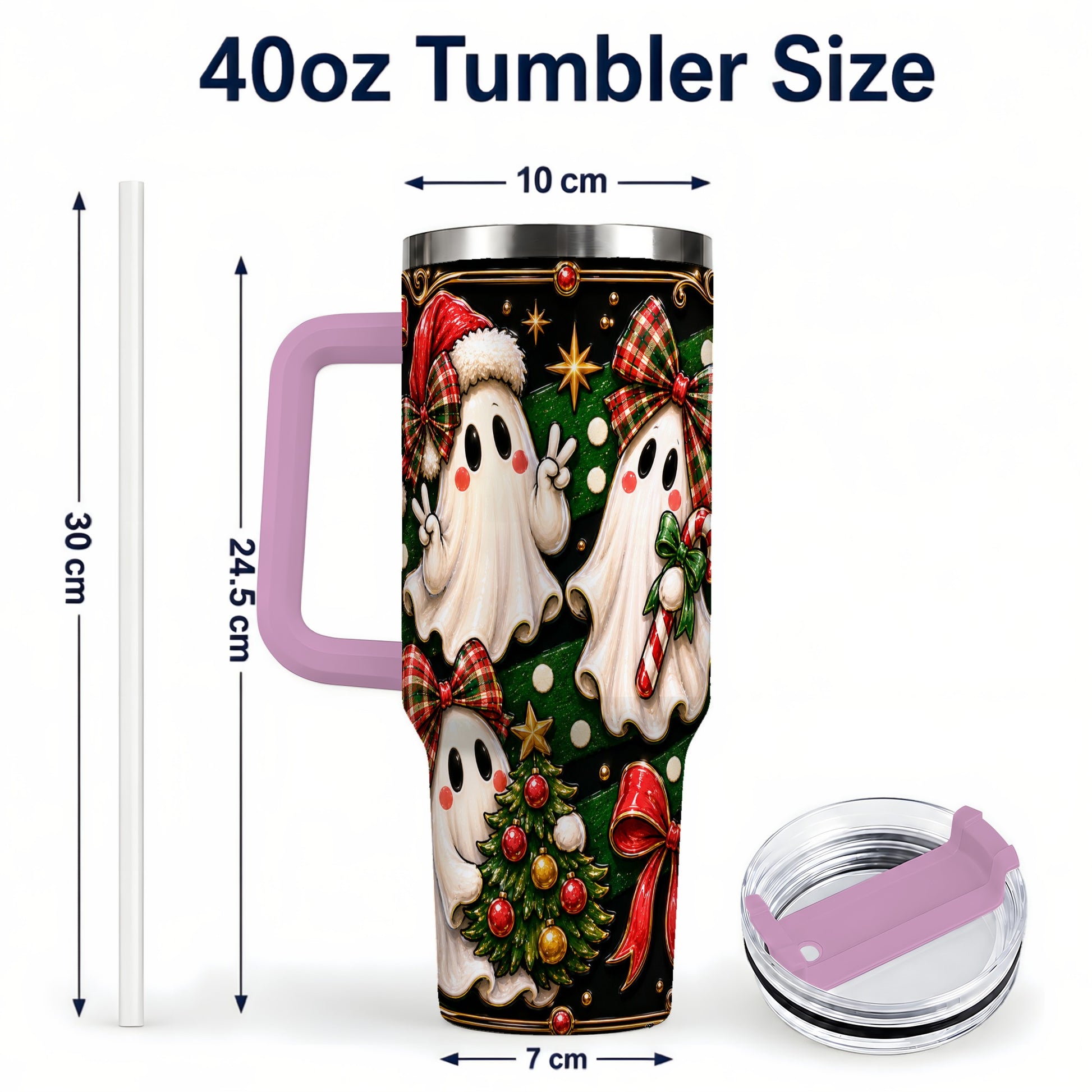 #pl[40oz|Pink] Christmas Ghost 40oz Tumbler with Handle, Plaid Holiday Theme