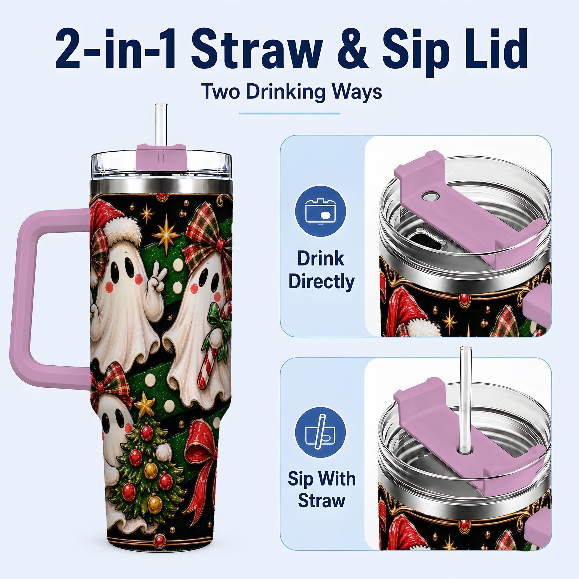 #pl[40oz|Pink] Christmas Ghost 40oz Tumbler with Handle, Plaid Holiday Theme