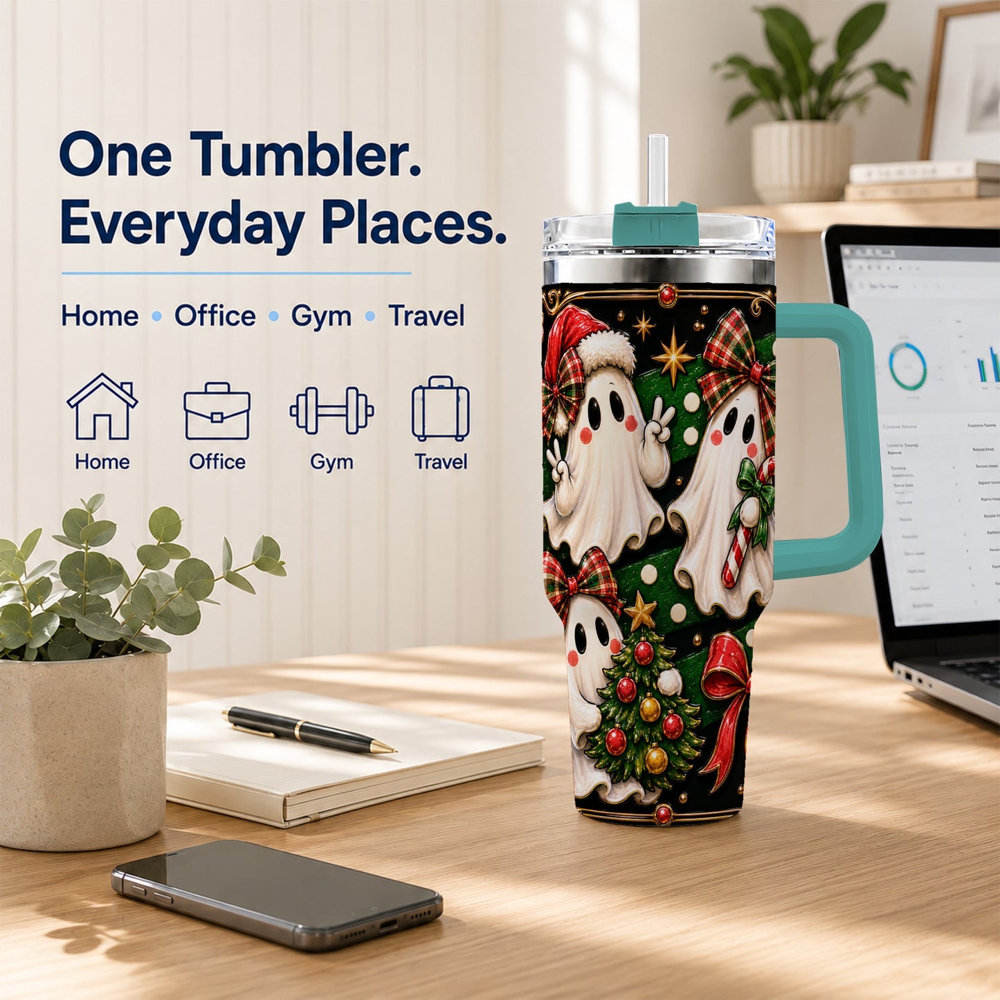 #pl[40oz|Green] Christmas Ghost 40oz Tumbler with Handle, Plaid Holiday Theme