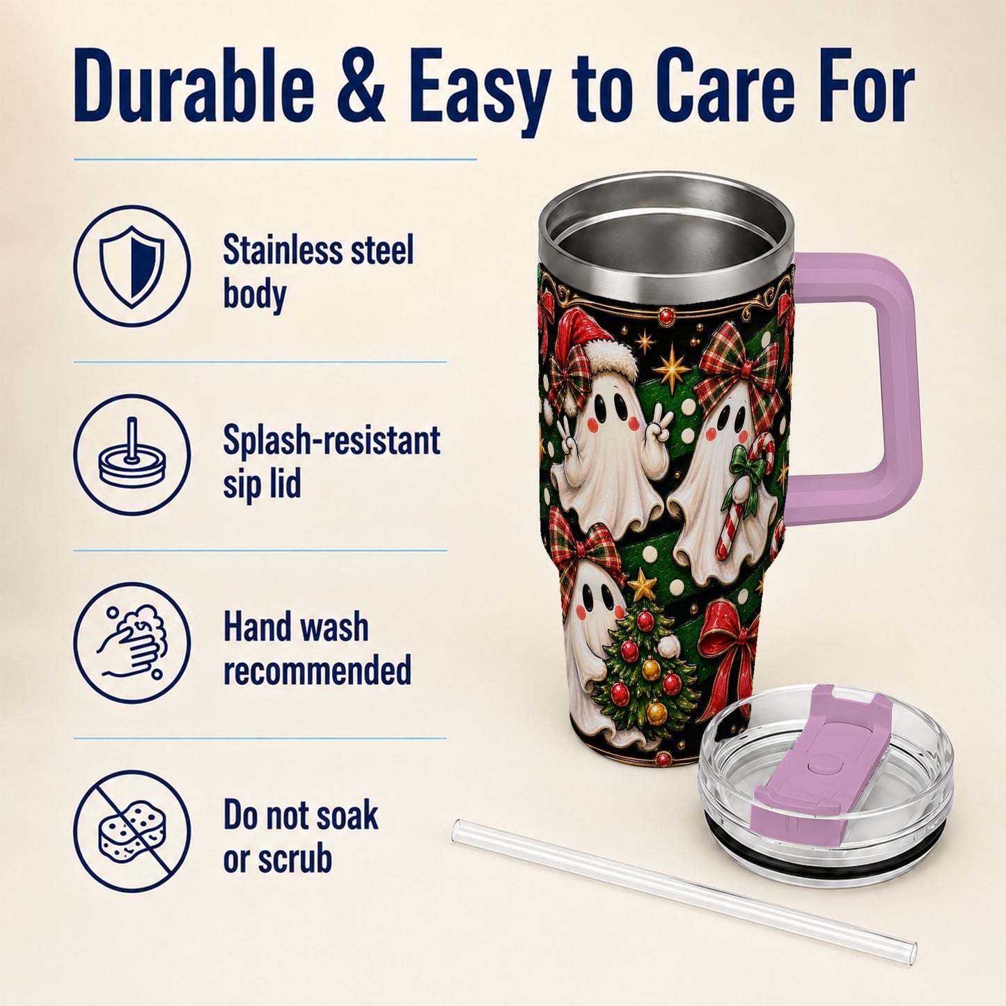 #pl[40oz|Pink] Christmas Ghost 40oz Tumbler with Handle, Plaid Holiday Theme