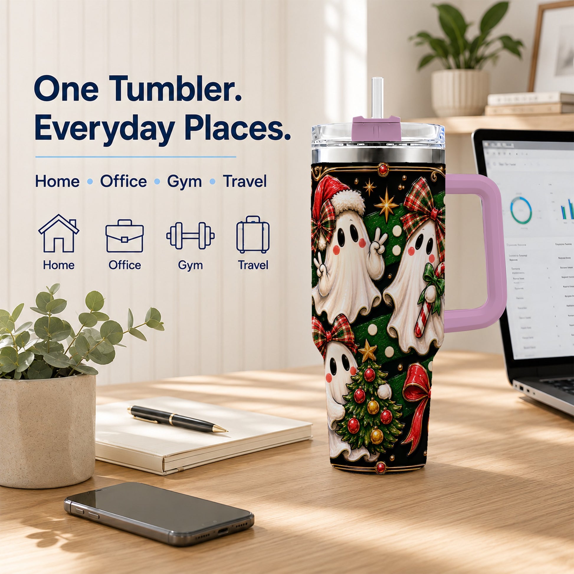 #pl[40oz|Pink] Christmas Ghost 40oz Tumbler with Handle, Plaid Holiday Theme