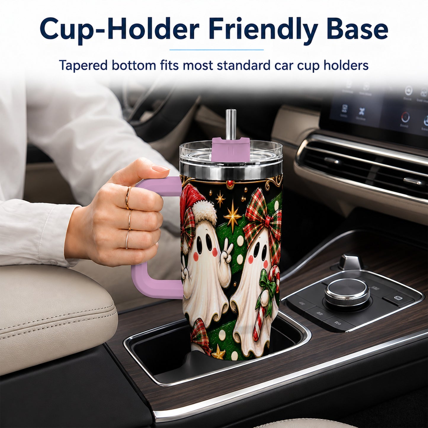 #pl[40oz|Pink] Christmas Ghost 40oz Tumbler with Handle, Plaid Holiday Theme