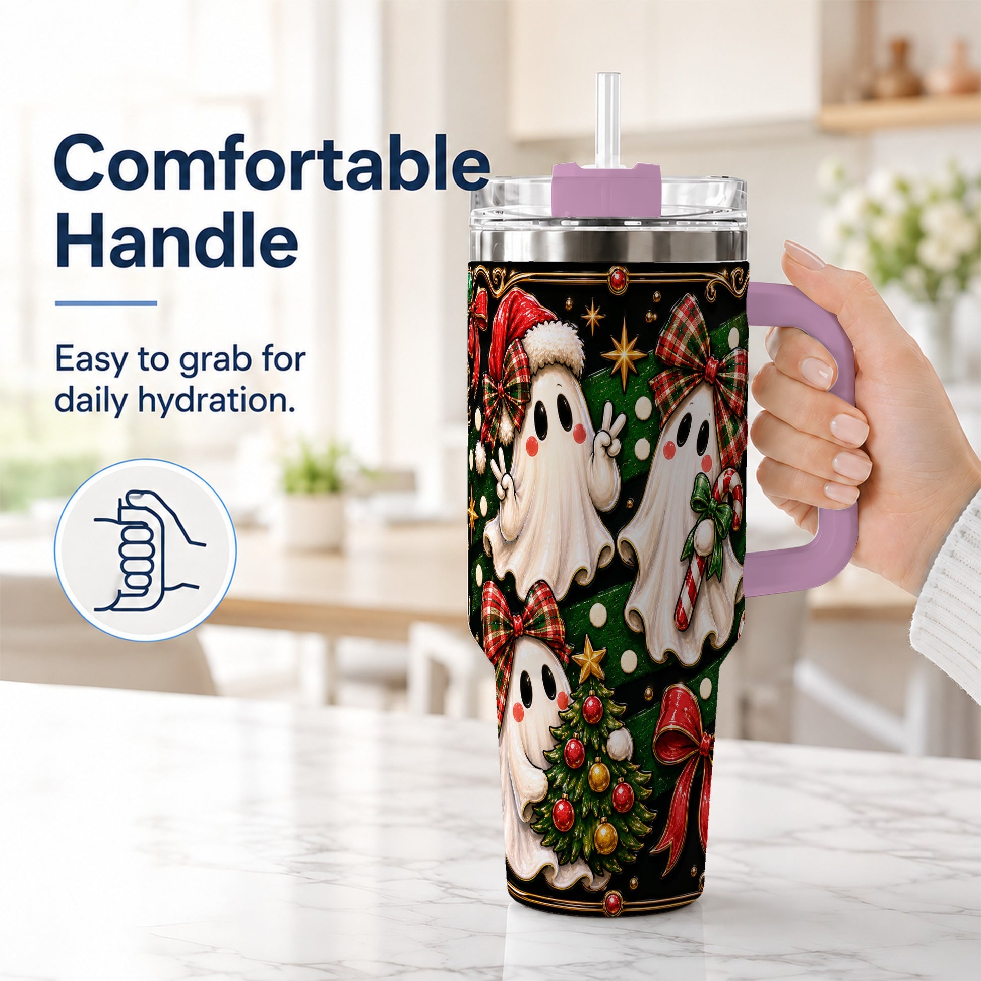 #pl[40oz|Pink] Christmas Ghost 40oz Tumbler with Handle, Plaid Holiday Theme