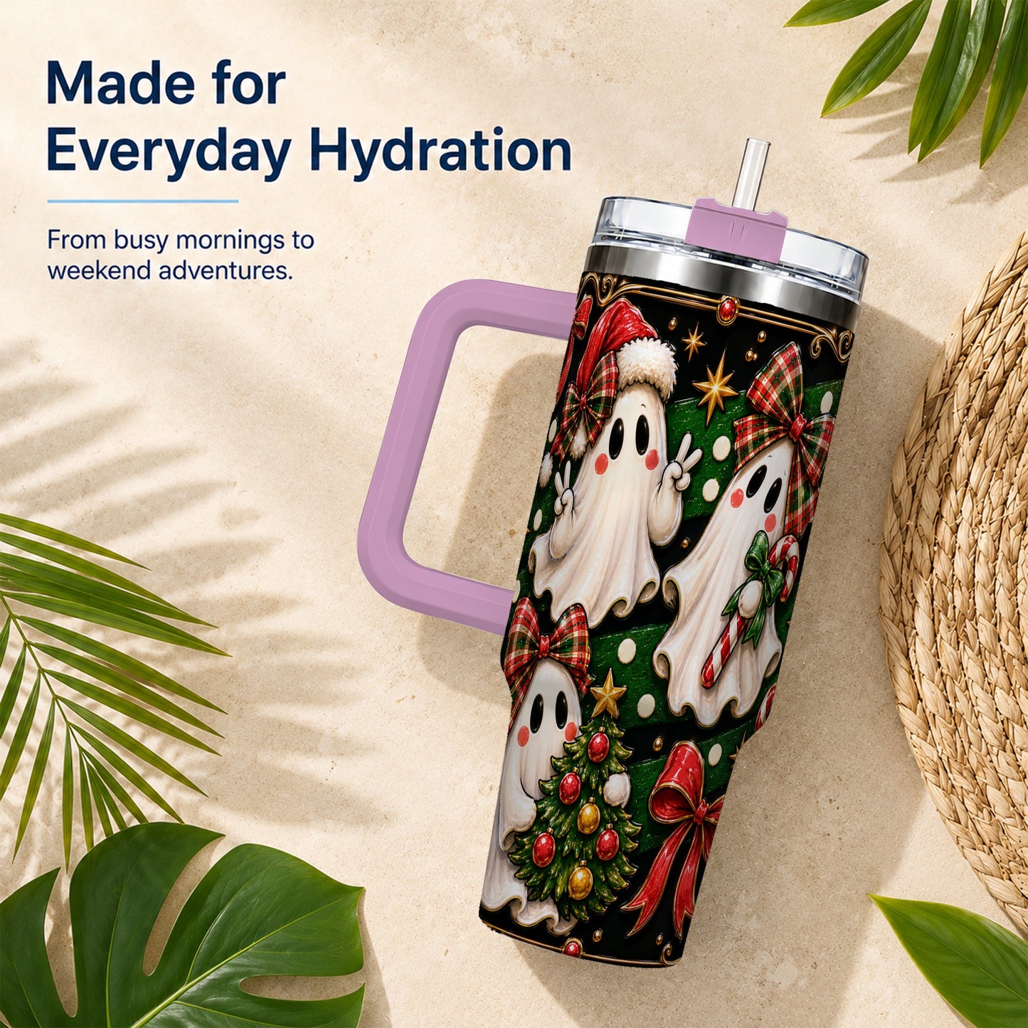 #pl[40oz|Pink] Christmas Ghost 40oz Tumbler with Handle, Plaid Holiday Theme