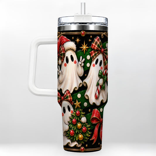 #pl[40oz|White] Christmas Ghost 40oz Tumbler with Handle, Plaid Holiday Theme