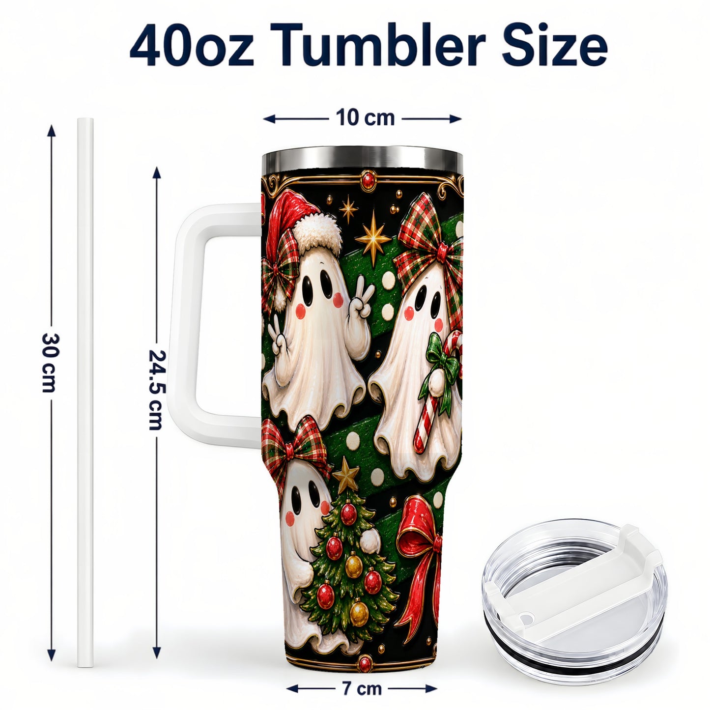 #pl[40oz|White] Christmas Ghost 40oz Tumbler with Handle, Plaid Holiday Theme