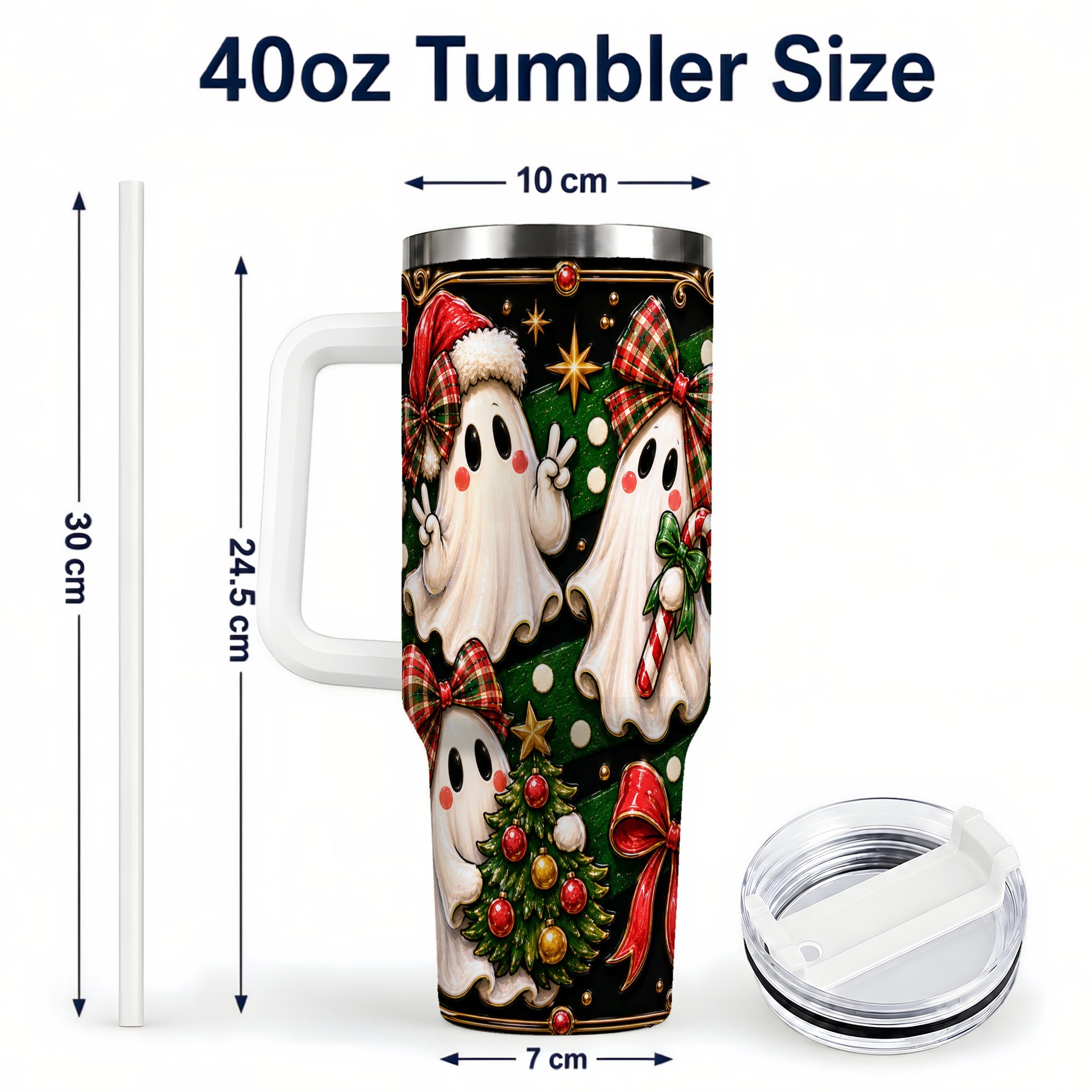 #pl[40oz|White] Christmas Ghost 40oz Tumbler with Handle, Plaid Holiday Theme