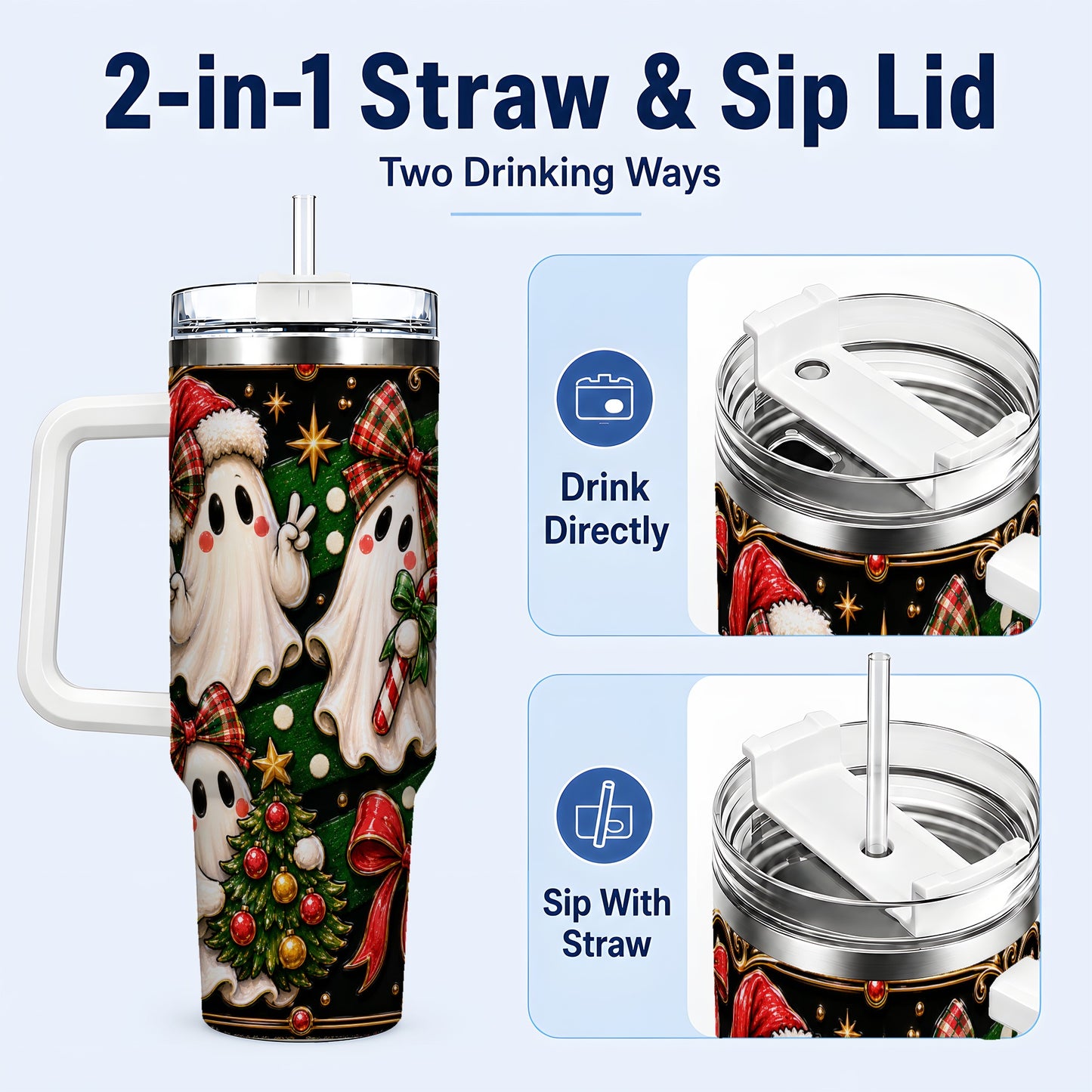 #pl[40oz|White] Christmas Ghost 40oz Tumbler with Handle, Plaid Holiday Theme
