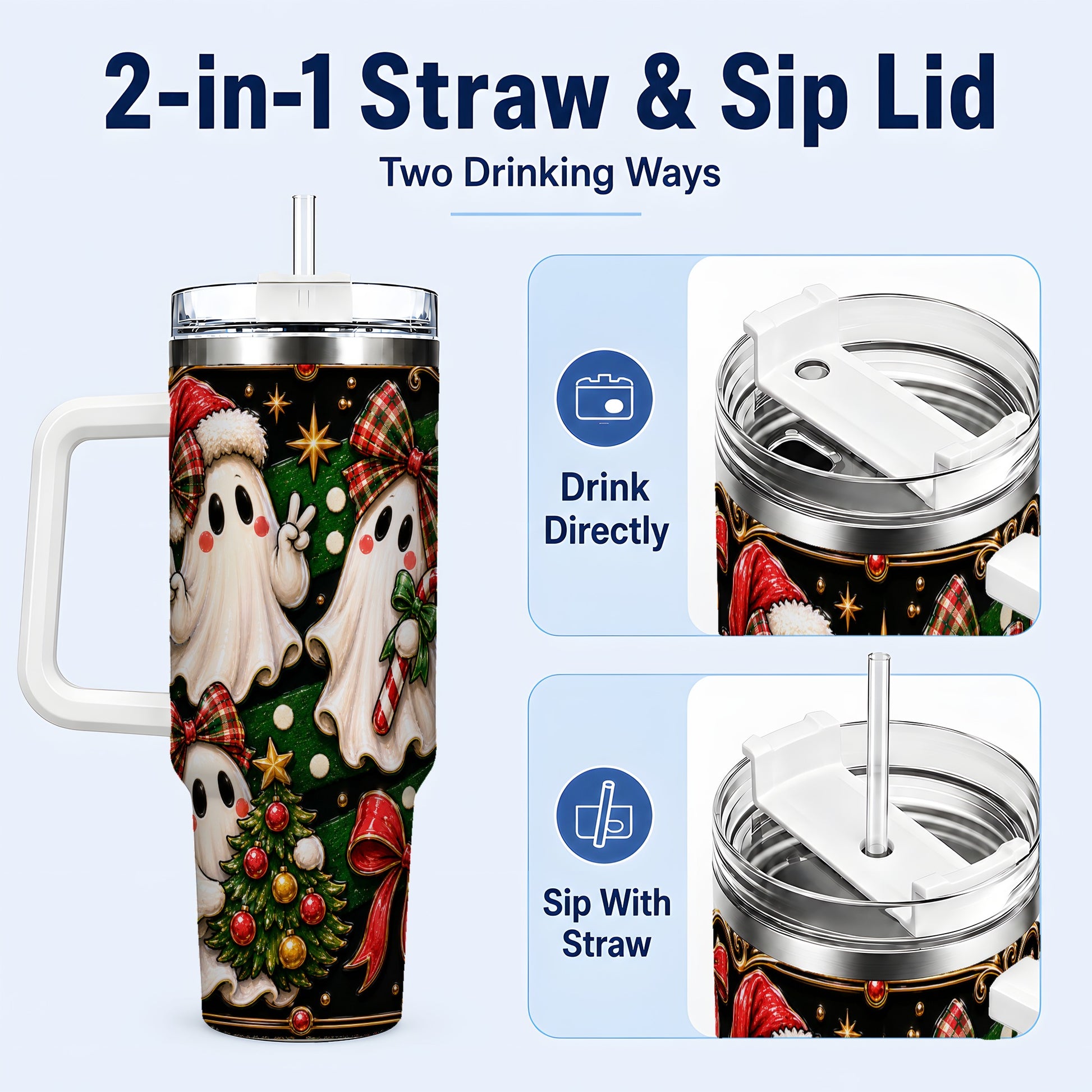 #pl[40oz|White] Christmas Ghost 40oz Tumbler with Handle, Plaid Holiday Theme