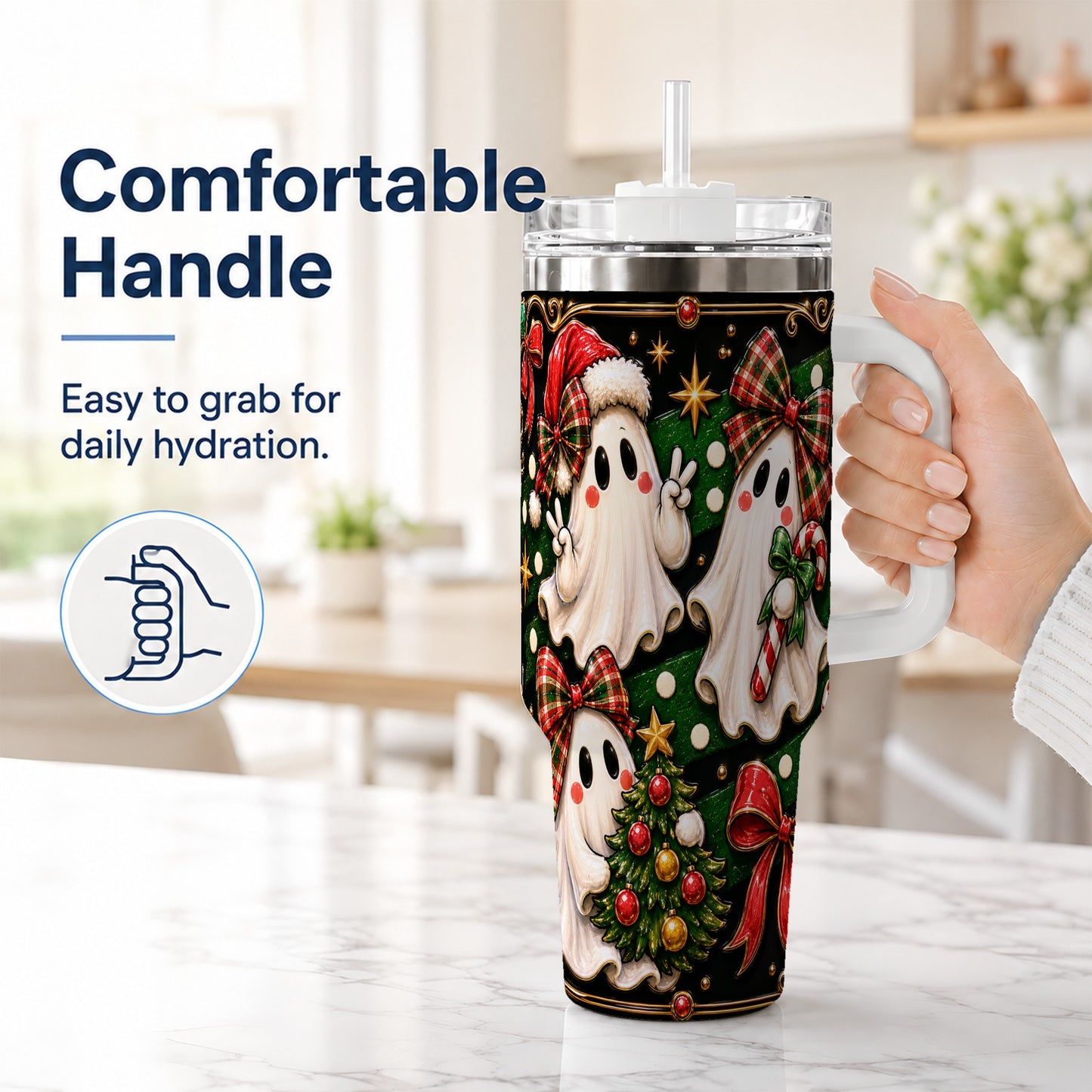 #pl[40oz|White] Christmas Ghost 40oz Tumbler with Handle, Plaid Holiday Theme