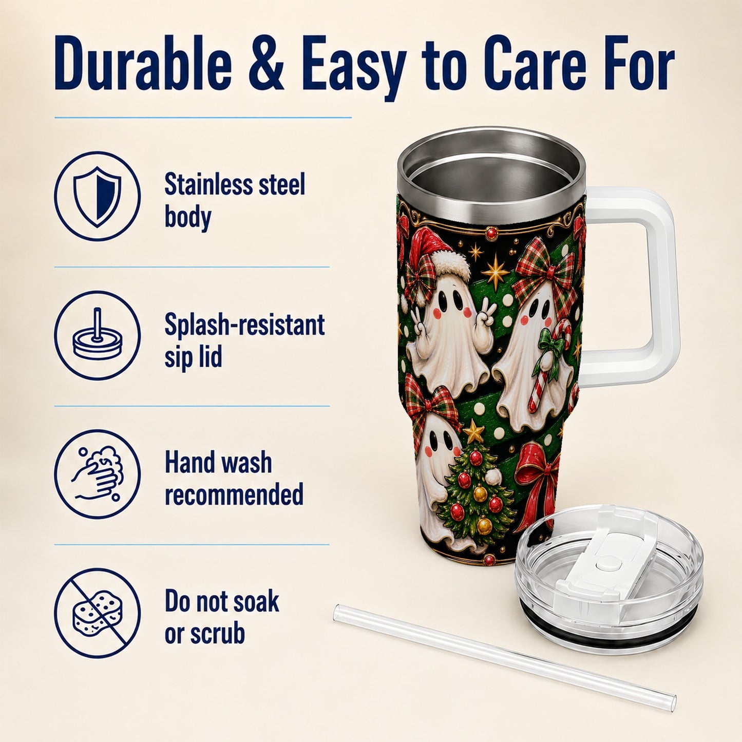 #pl[40oz|White] Christmas Ghost 40oz Tumbler with Handle, Plaid Holiday Theme