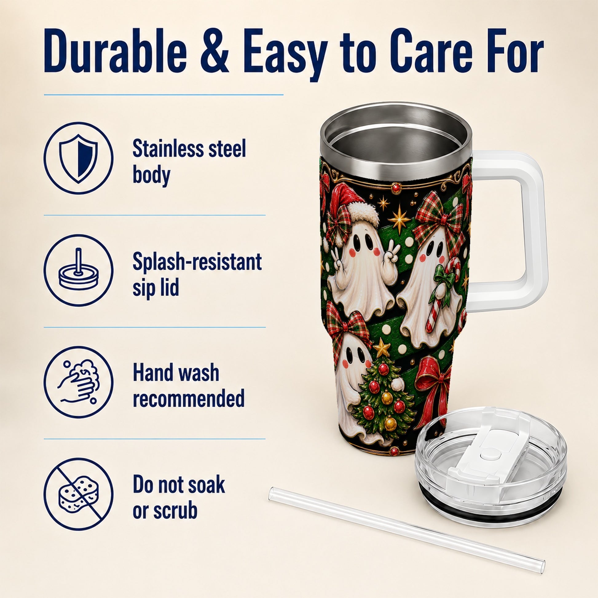 #pl[40oz|White] Christmas Ghost 40oz Tumbler with Handle, Plaid Holiday Theme