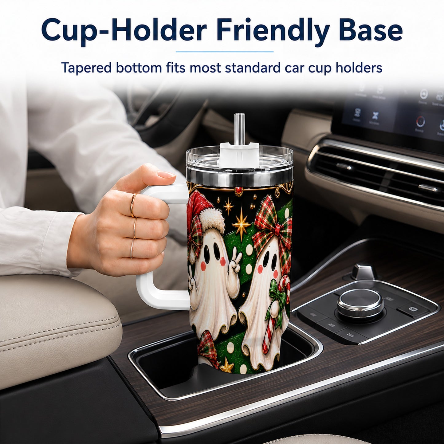 #pl[40oz|White] Christmas Ghost 40oz Tumbler with Handle, Plaid Holiday Theme