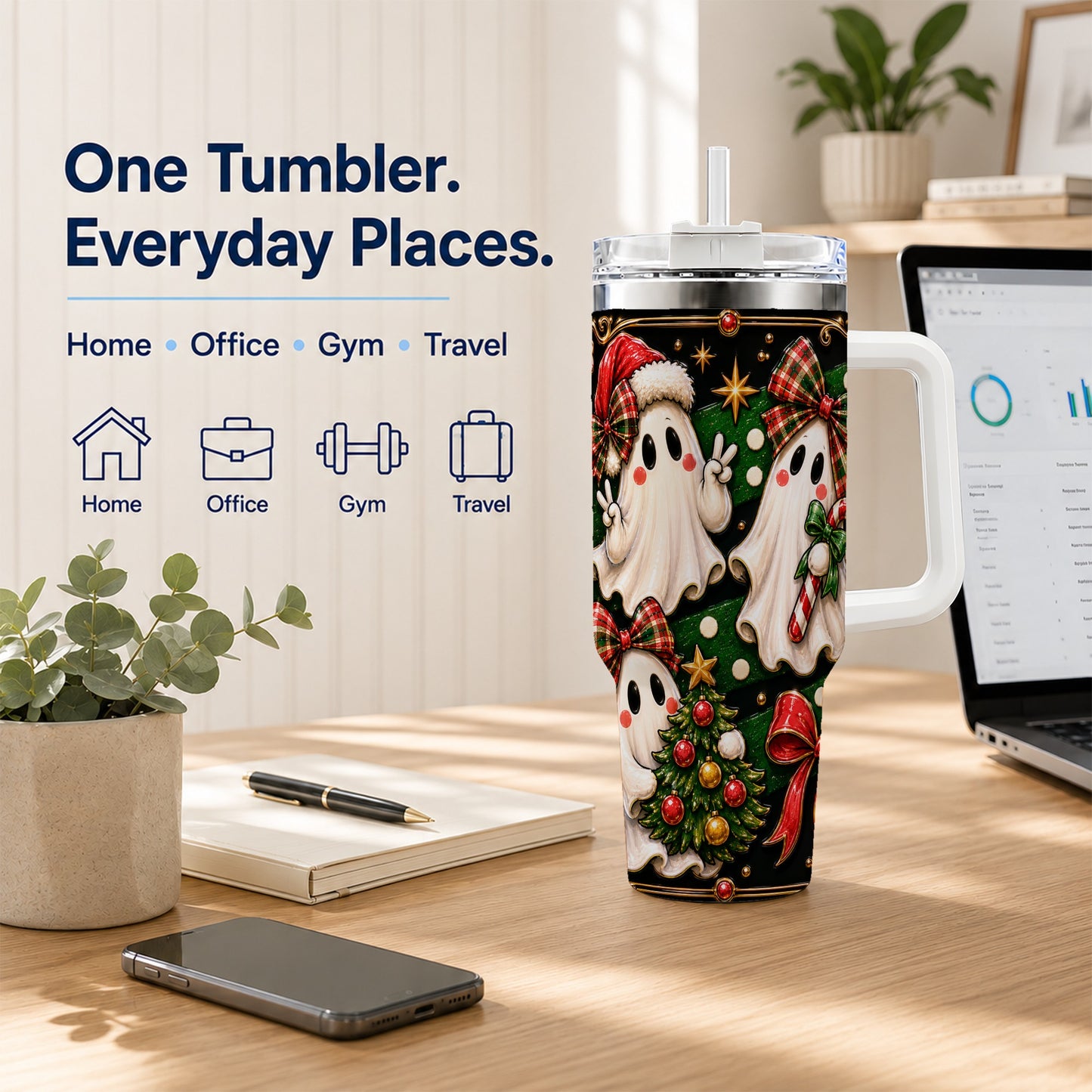 #pl[40oz|White] Christmas Ghost 40oz Tumbler with Handle, Plaid Holiday Theme