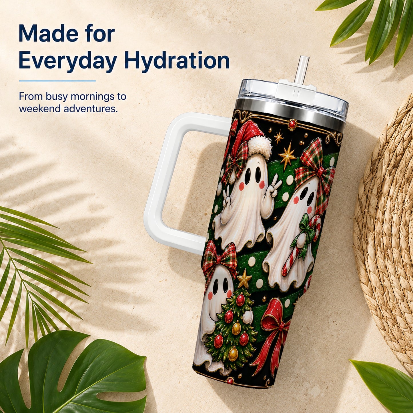 #pl[40oz|White] Christmas Ghost 40oz Tumbler with Handle, Plaid Holiday Theme