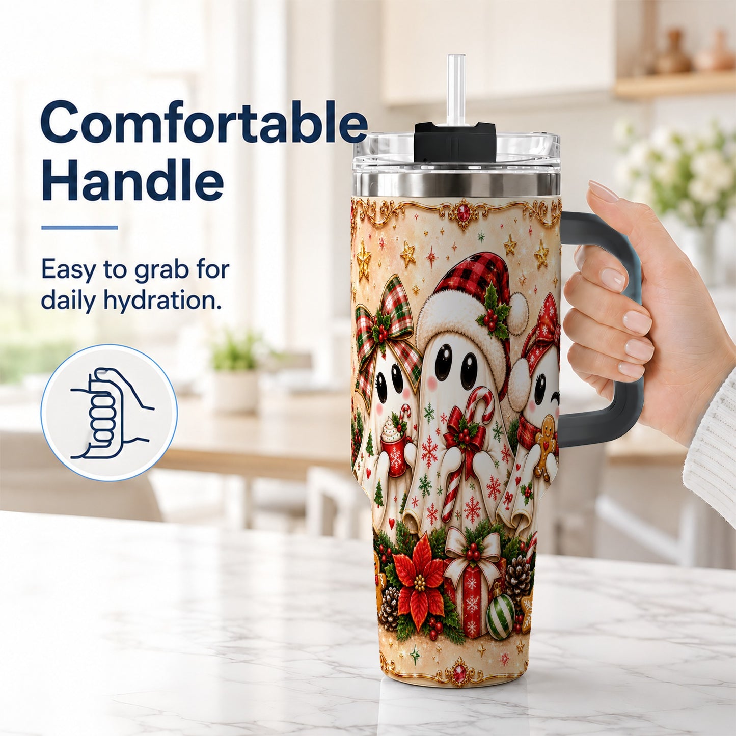 #pl[40oz|Black] Ghost Trio 40oz Tumbler with Handle, Christmas Stainless Steel Travel Cup