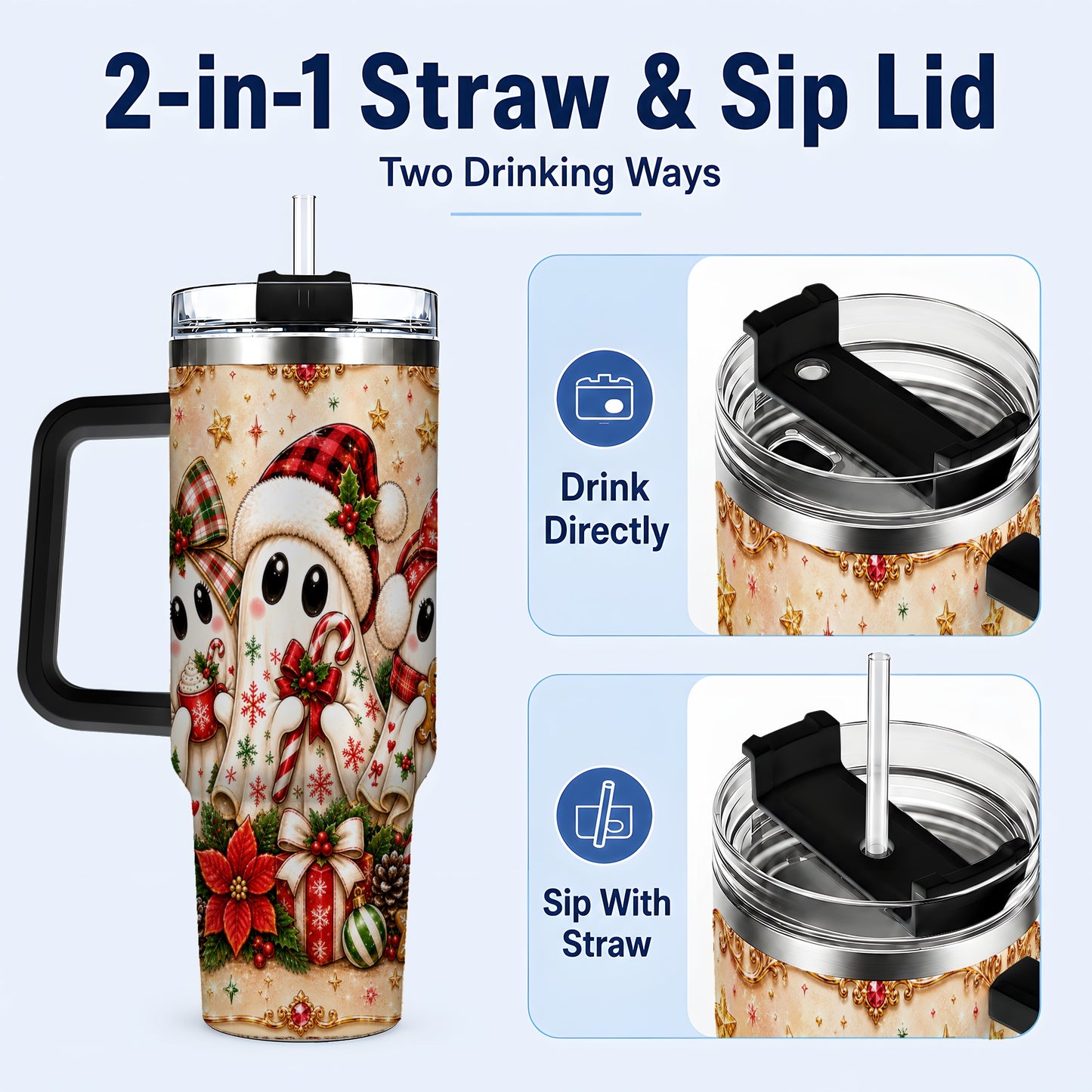 #pl[40oz|Black] Ghost Trio 40oz Tumbler with Handle, Christmas Stainless Steel Travel Cup