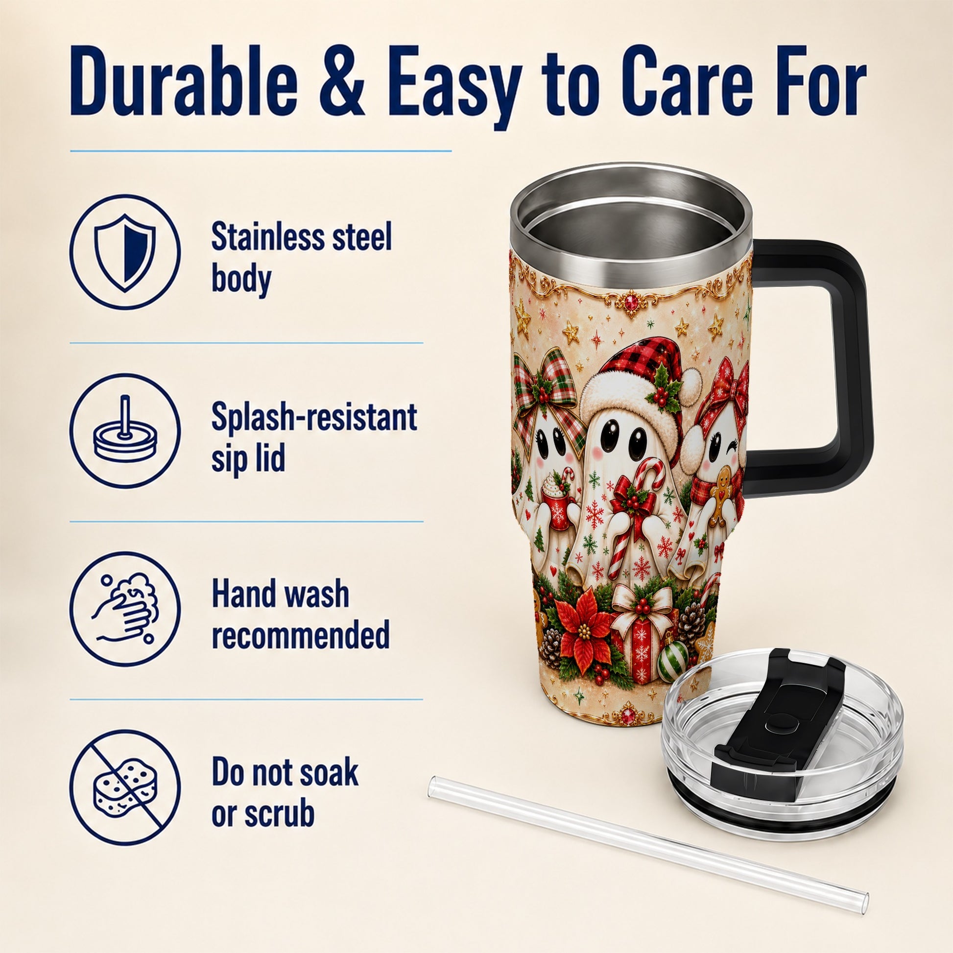 #pl[40oz|Black] Ghost Trio 40oz Tumbler with Handle, Christmas Stainless Steel Travel Cup