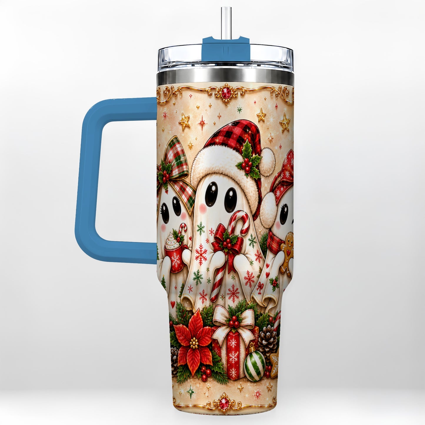 #pl[40oz|Blue] Ghost Trio 40oz Tumbler with Handle, Christmas Stainless Steel Travel Cup
