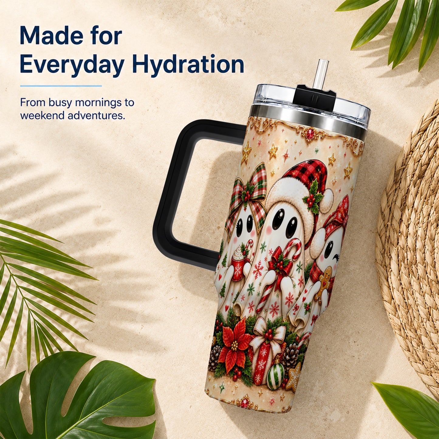 #pl[40oz|Black] Ghost Trio 40oz Tumbler with Handle, Christmas Stainless Steel Travel Cup