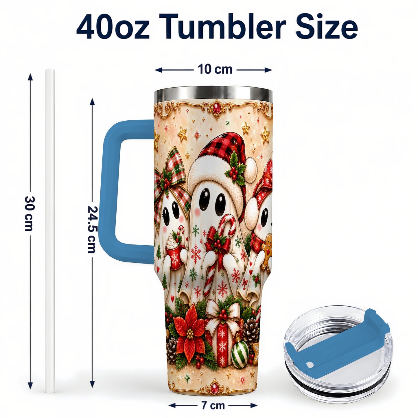 #pl[40oz|Blue] Ghost Trio 40oz Tumbler with Handle, Christmas Stainless Steel Travel Cup