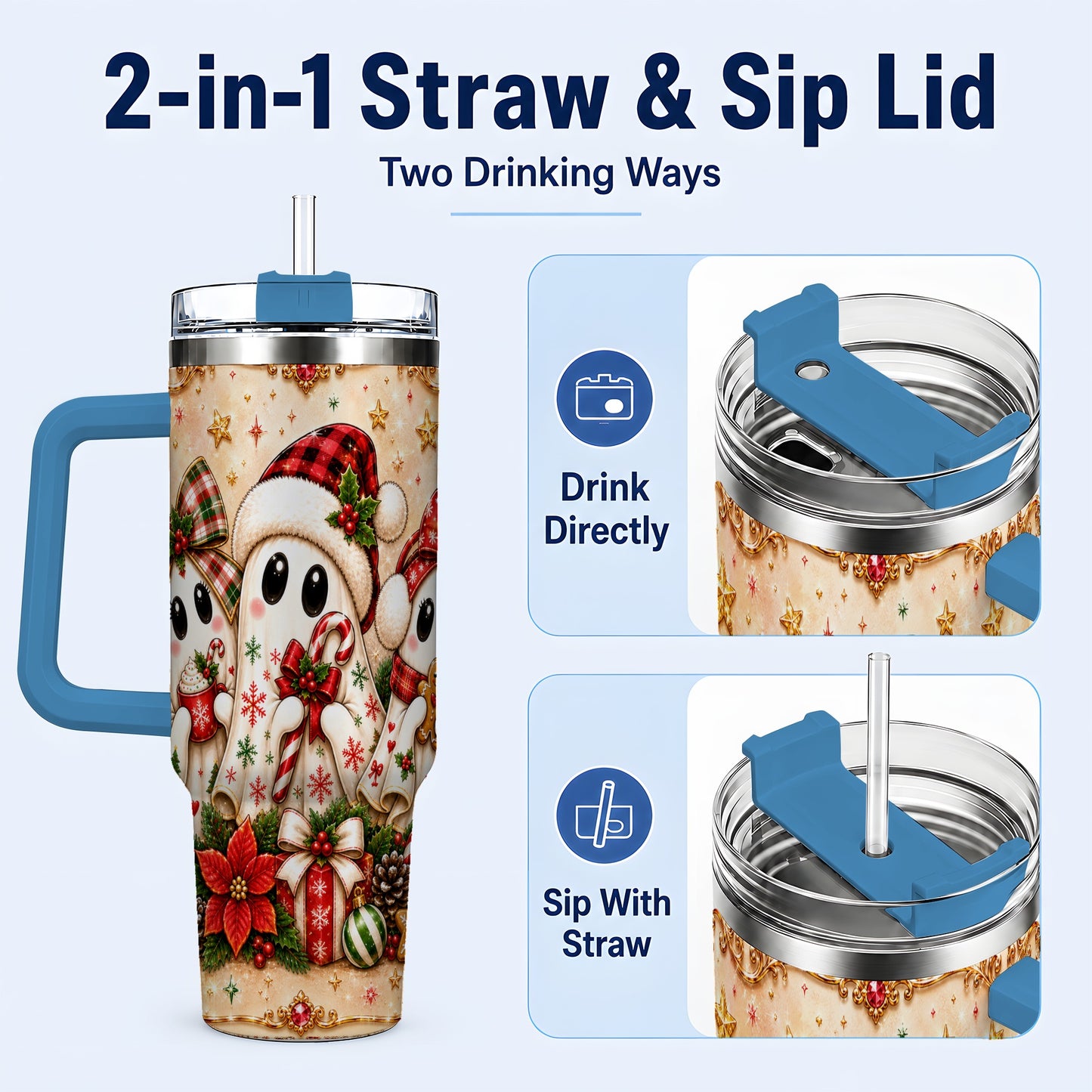 #pl[40oz|Blue] Ghost Trio 40oz Tumbler with Handle, Christmas Stainless Steel Travel Cup
